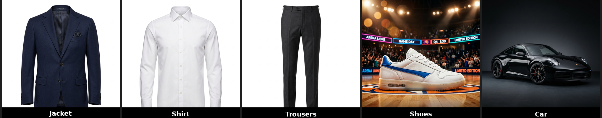 Test 7 Reference Images: Jacket, Shirt, Trousers, Shoes, Car