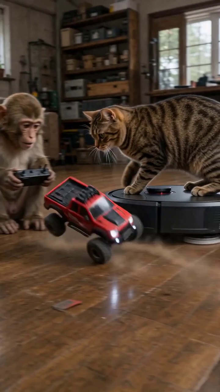 Monkey and Cat RC Car vs Roomba Duel — AI Short | Real Animals' Unrealistic Daily Life