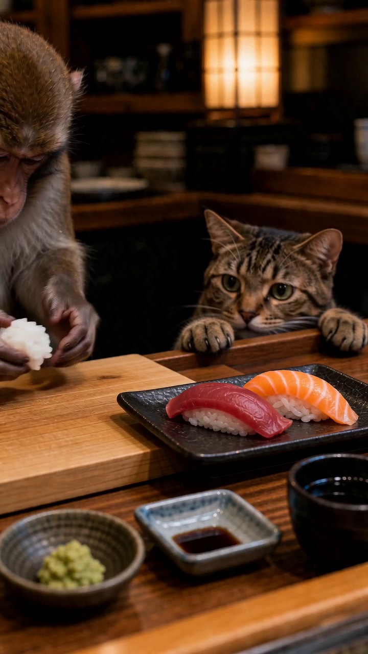 Video: Sushi Master Monkey vs Sideways Cat — AI Short | Rea...