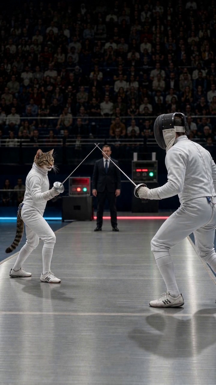 Video: A Cat Wins the Fencing Final — AI Short | Real Anima...