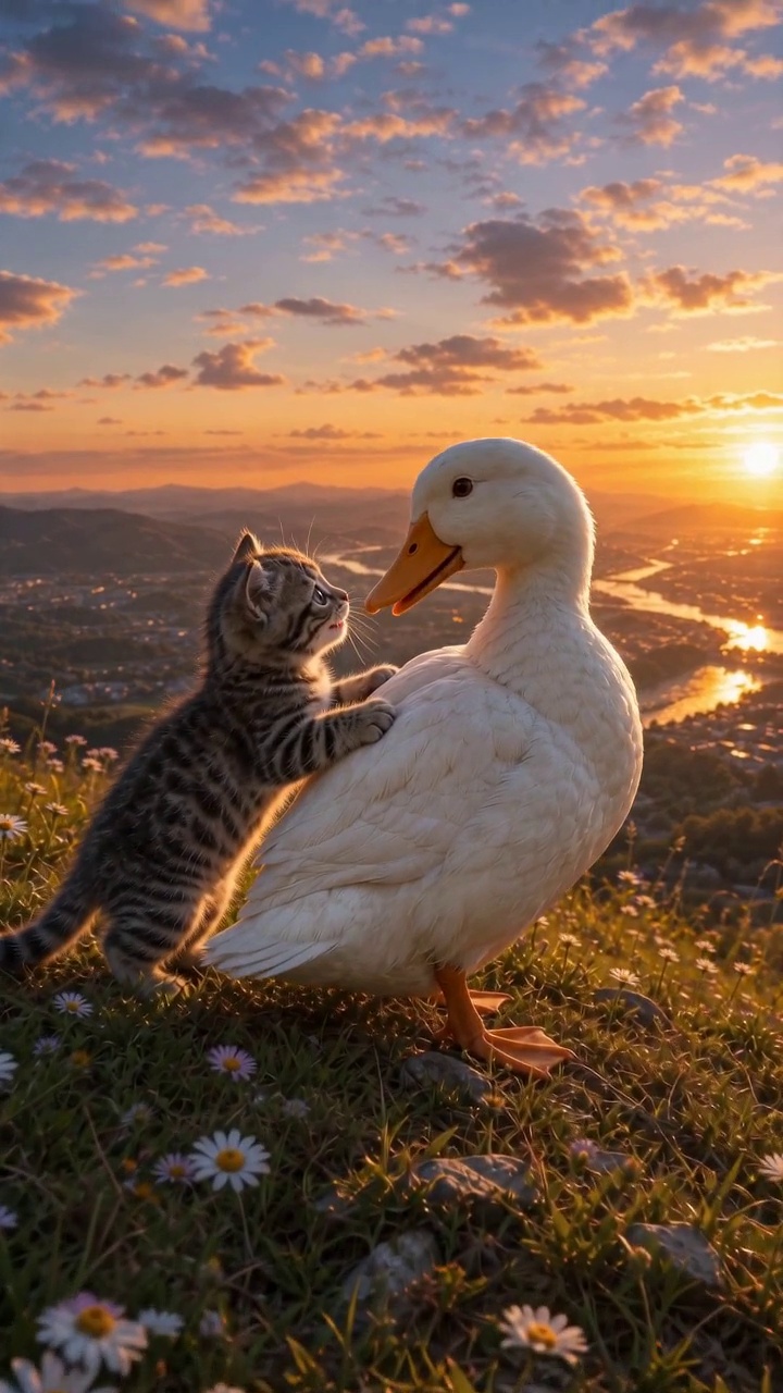 Video: Kitten Rides a Duck Over the Future City — AI Short ...