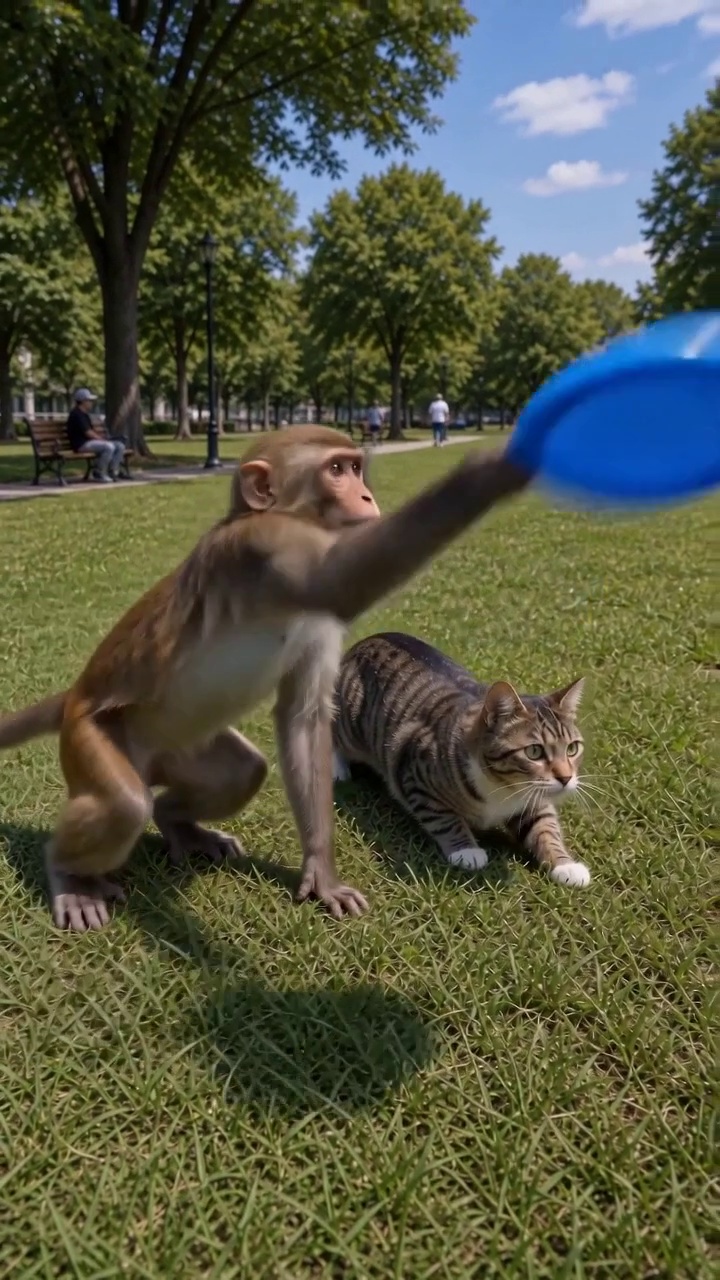 Video: Monkey and Cat Frisbee Park — AI Short | Real Animal...