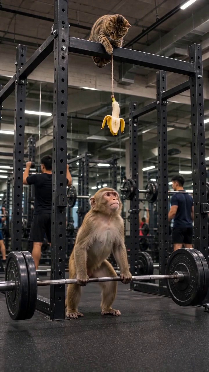 Monkey Weightlifter vs Banana Sabotage Cat — AI Short | Real Animals' Unrealistic Daily Life