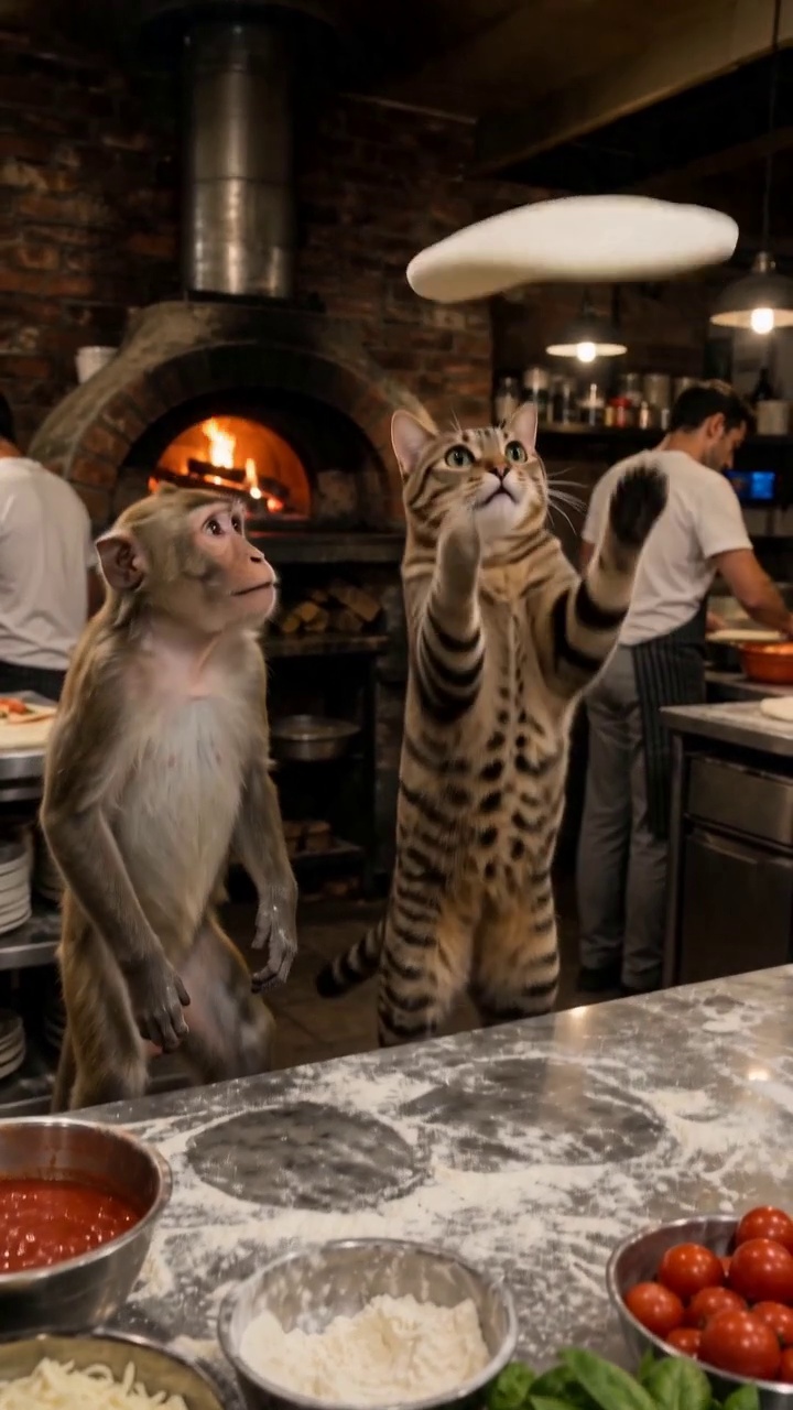 Video: Monkey and Cat Pizza Dough Toss — AI Short | Real An...