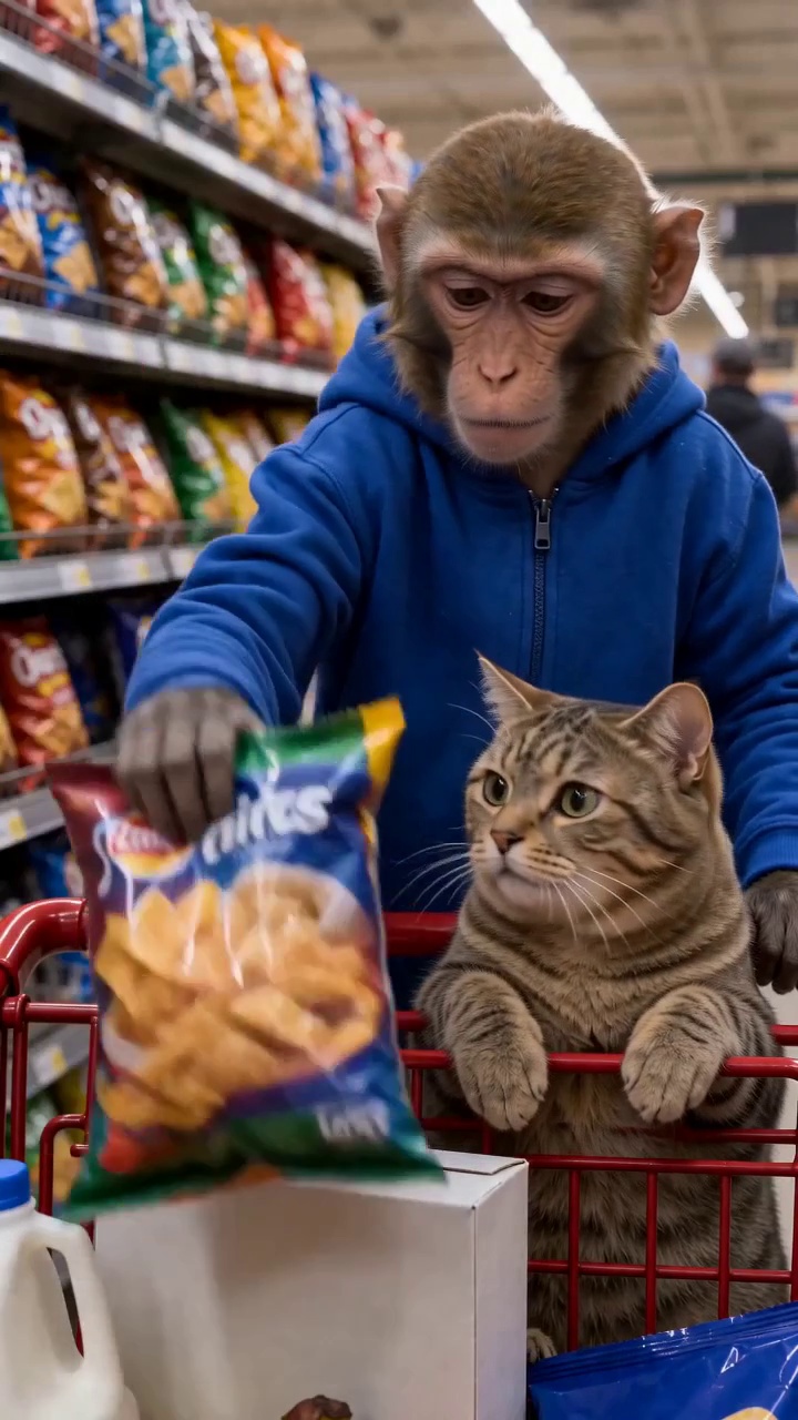 Monkey and Cat: Supermarket Chip Aisle — AI Short | Real Animals' Unrealistic Daily Life