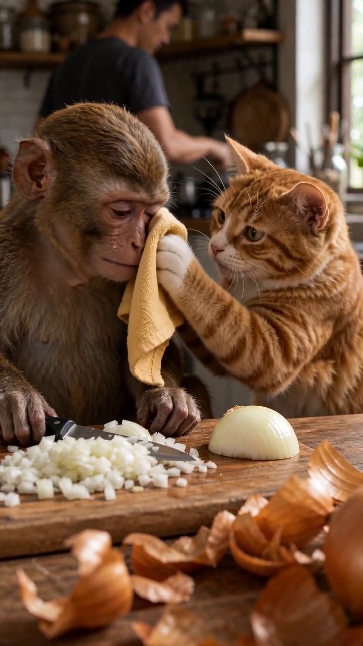 Video: Monkey Cries Cutting Onions and Cat Comforts It — AI...