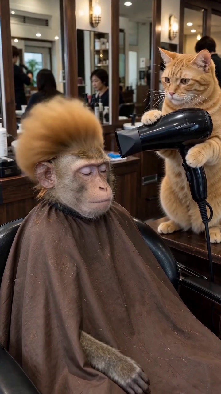 Monkey and Cat Hair Salon — AI Short | Real Animals' Unrealistic Daily Life