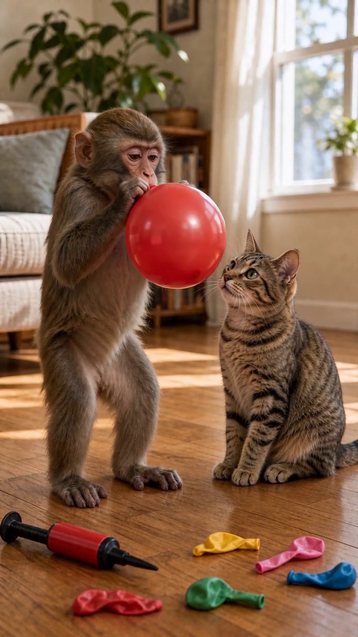 Video: Monkey and Cat Balloon Pop — AI Short | Real Animals...