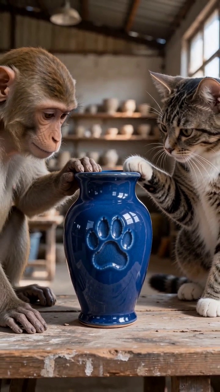 Monkey and Cat Pottery Studio — AI Short | Real Animals' Unrealistic Daily Life